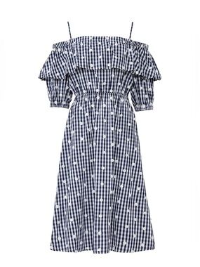 Perseverance London - Embroidered Floral Checkered Off Shoulder Midi Dress SZ 12